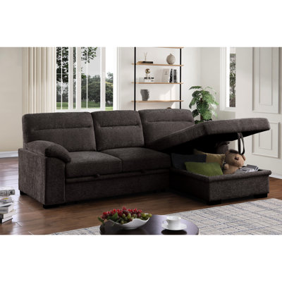 Chenille brune, canapé-lit modulaire, dimensions de 94 pouces, rangement orienté vers la droite, console rabattable, porte-gobelets, tissu chenille à ressorts ensachés avec méridienne de rangement, lit escamotable, console et