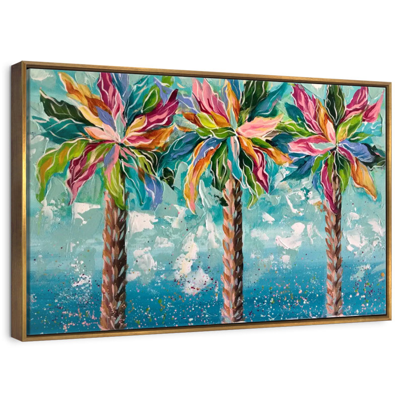 Palmiers colorés, 13 po x 9 po, Cadre flottant doré