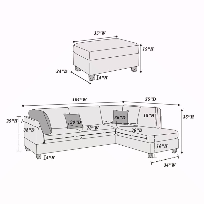 Reversible Polyfiber Sectional Sofa With Ottoman, Grey