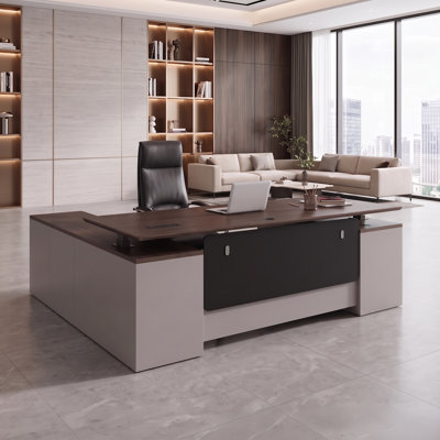 L-Shaped Executive Standing Desk With File Storage, Electric Height Adjustable Sit-Stand Desk with Power Outlets, USB Ports, Lockable Drawer