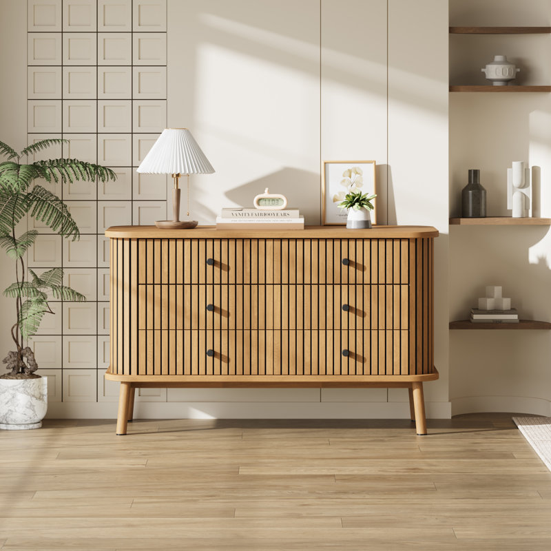 Mid-Century 6 Drawer Dresser, Horizontal Chests of Double Drawers,Storage Drawer Organizer for Closet, Hallway, Entryway,Bedroom,Living Room