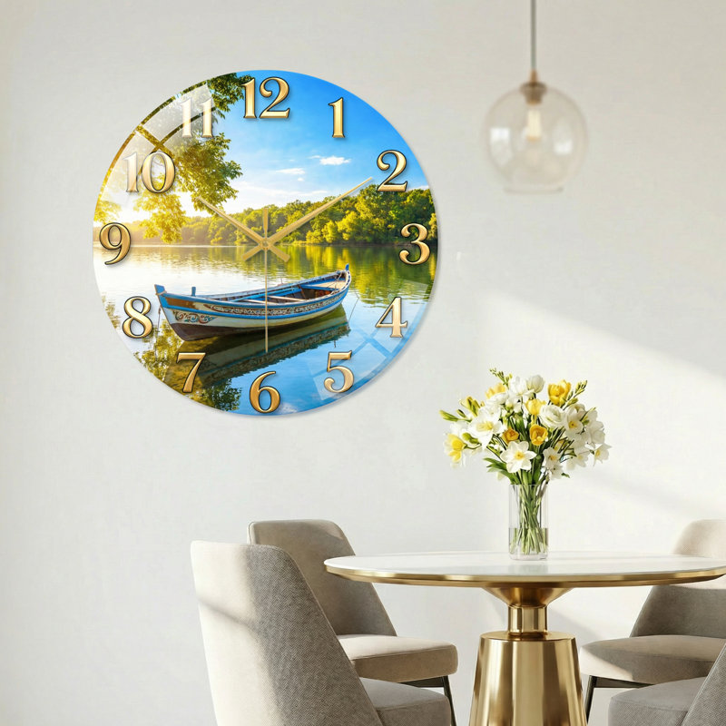 "Lake Boat", horloge murale en verre, 60 x 60 cm (23,6 x 23,6 pouces)