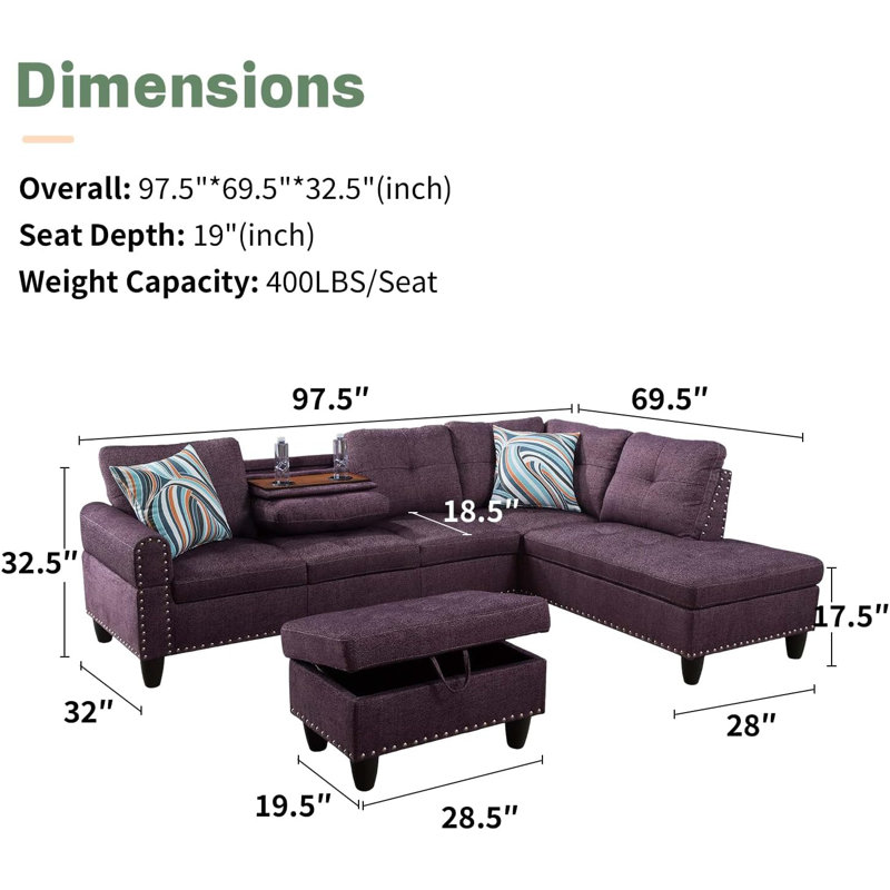 3 - Piece Upholstery Sectional, Amaranth Linen, Right Hand Facing