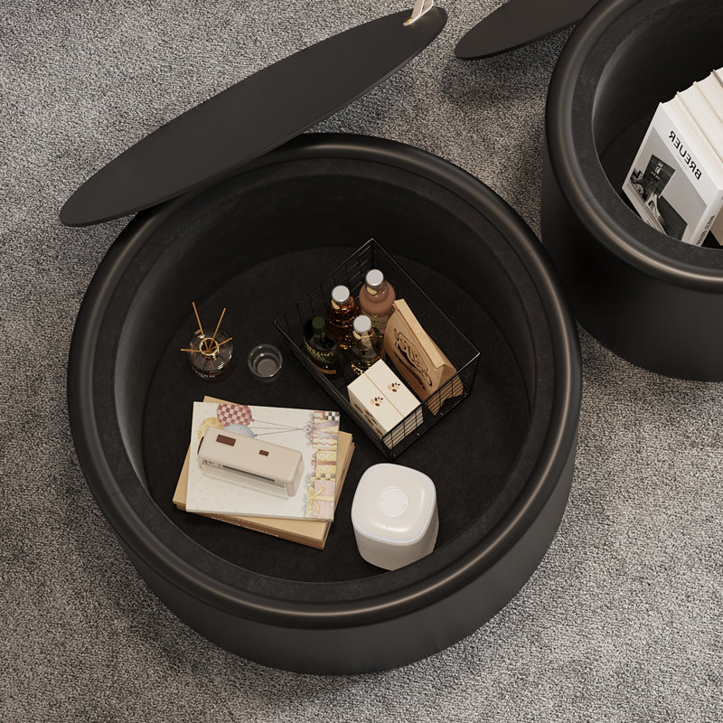 Table basse ronde en cuir PU avec plateau en verre trempé Katherine, Noir