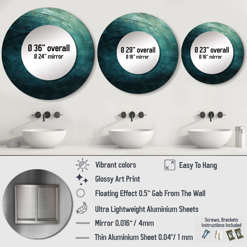 Teal Twisting Tranquility Spiral I - Abstract Spirals Decorative Wall Mirror, Modern Large Round Mirror, Printed Metal Art