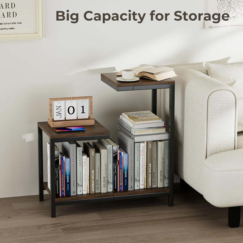 G-Shaped End Table - Small Side Table For Living Room, Bedside Table With Storage Shelf, Corner Tables For Small Spaces, Balcony, Couch, Bedroom, Rustic Brown