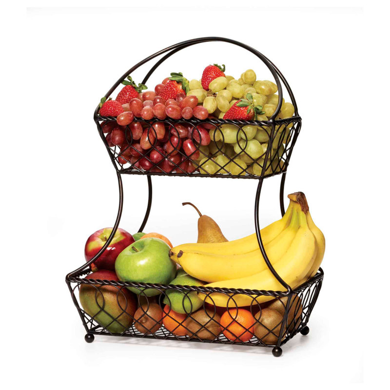 Antique Black 2-Tier Metal Fruit Basket with Lattice Design