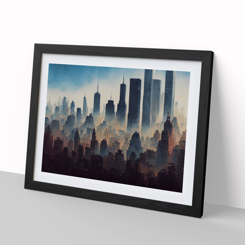 Watercolour New York Skyline Vol.2 - Single Picture Frame Painting, Black, 46cm H x 64cm W x 2cm D