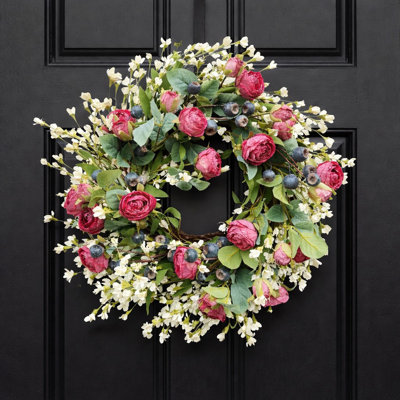 24" Artificial Farmhouse Spring Summer Twig Berry Eucalyptus Blossom Cluster Wildflower Roses Front Door Wreath Wedding Party Decor