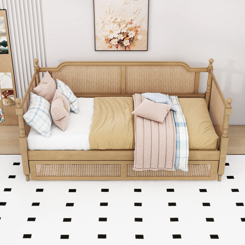 Wooden Daybed with Trundle and Durable Construction, Twin, Antique Walnut