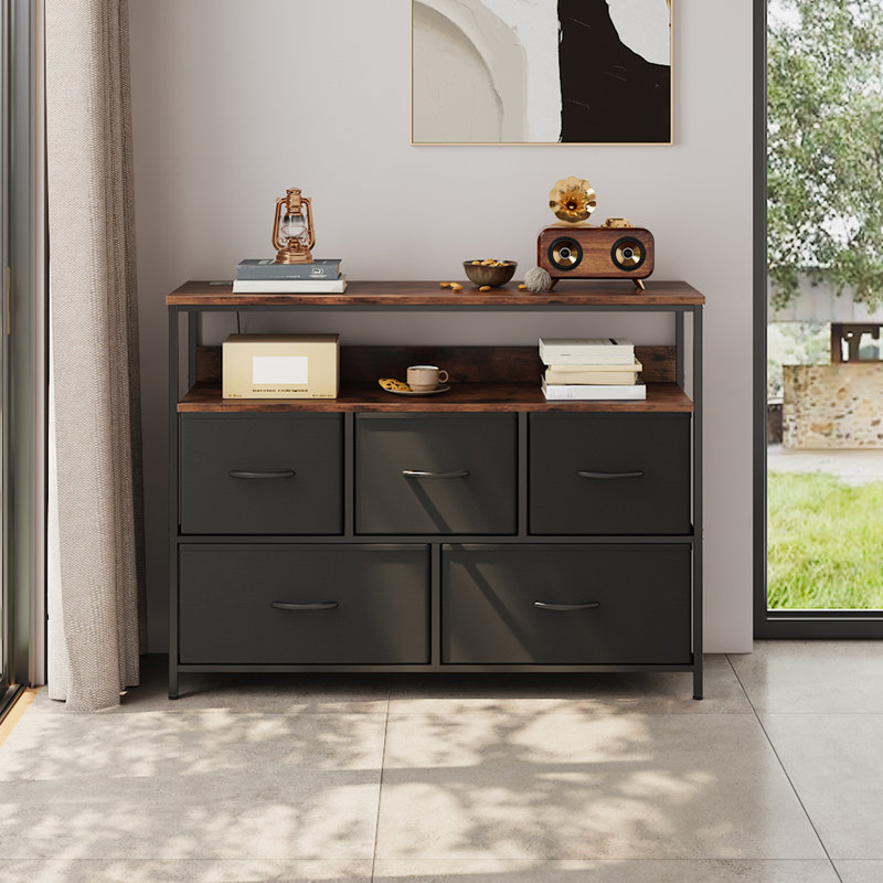 Multi-Function Steel-Wood 5-Drawer Storage Cabinet with Fabric Drawers, and Power Outlets, Brown/Black