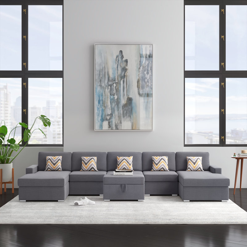 Upholstered U-Shaped Sectional Symmetrical, Gray Linen