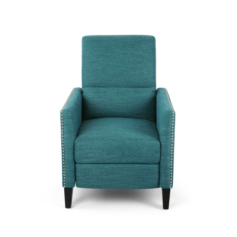 Contemporary Push-Back Recliner With Nailhead Trim And Birch Wood Legs, Teal