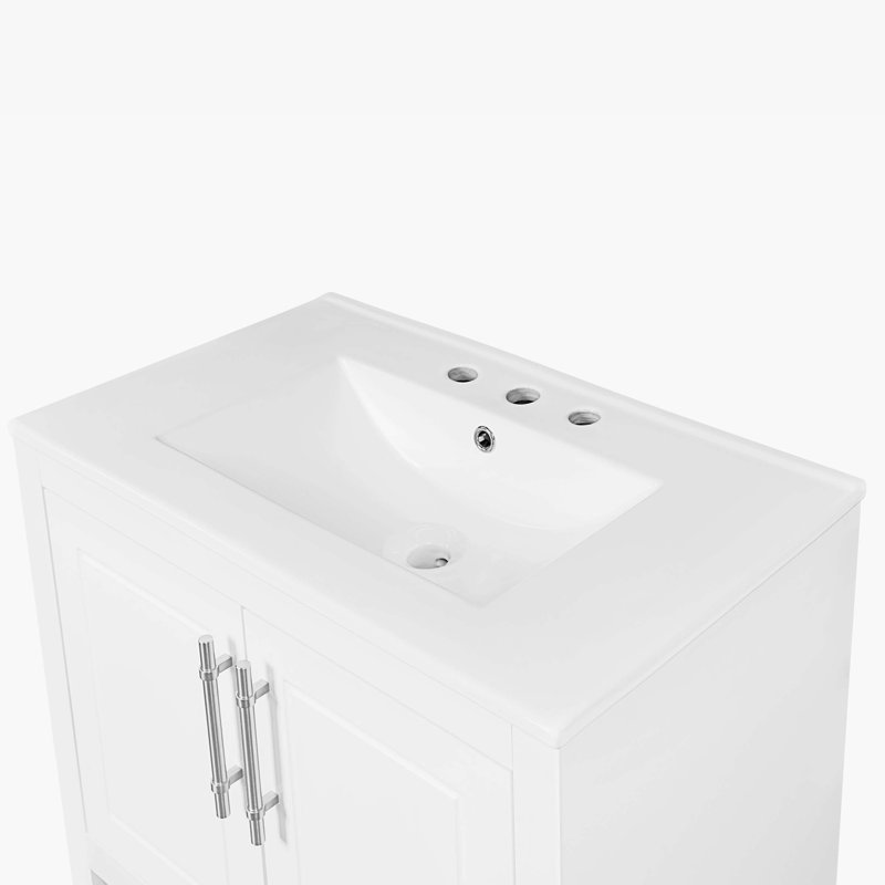 30" White Wood Freestanding Single Sink Bath Vanity with Ceramic Top
