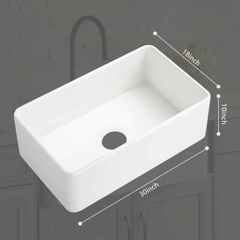 Évier de cuisine à simple cuve en argile réfractaire, Blanc, H 10 po x l 18 po x L 30 po