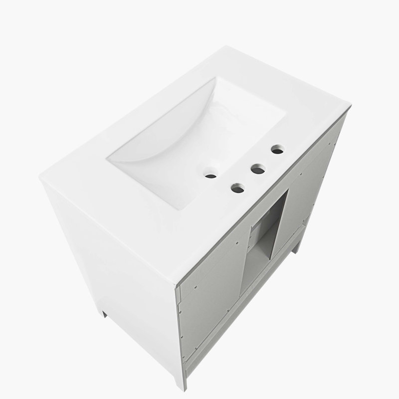 30" White Wood Freestanding Single Sink Bath Vanity with Ceramic Top