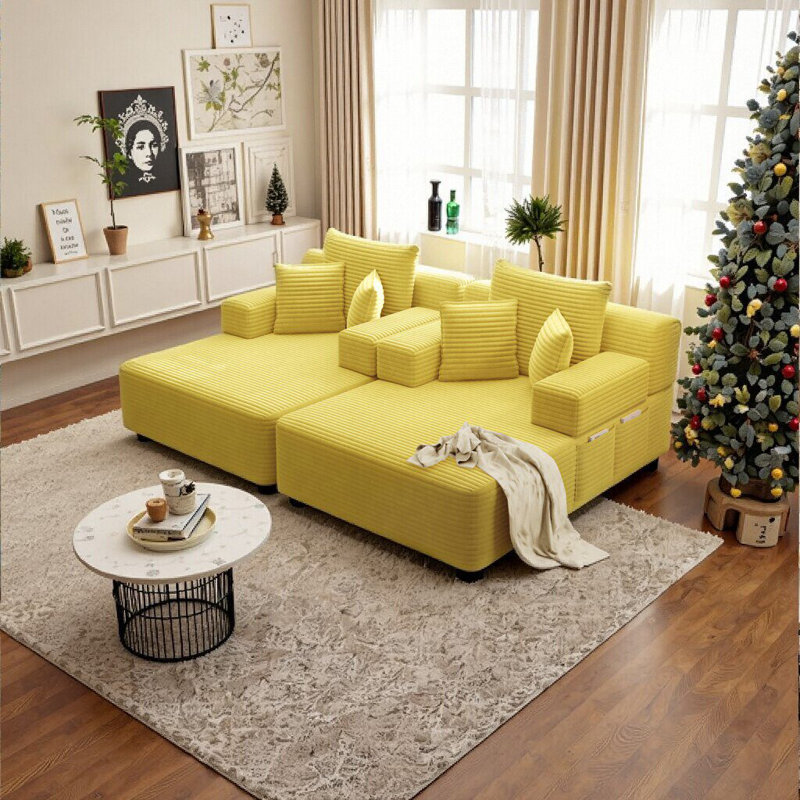 Ensemble de chaise longue surdimensionnée 2 pièces avec poches de rangement, canapé-lit convertible, tissu en velours côtelé moelleux