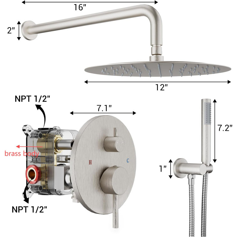 Round Shower System,Rainfall Shower Faucet Set Complete With High Pressure 12" Rain Shower Head And Handheld Shower Set,Shower Valve Trim Kit, Brushed Nickel