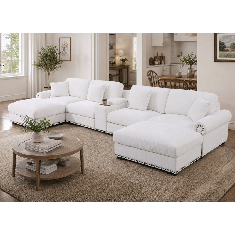 7 - Piece 179.86" U Shape Sectional Sofa Cloud Couch With Removable Ottomans & Cup Holder, USB & Type-C Charging Ports