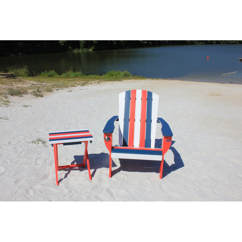Chaise Adirondack pliante en bois massif avec table Pankow, Rouge / blanc / bleu