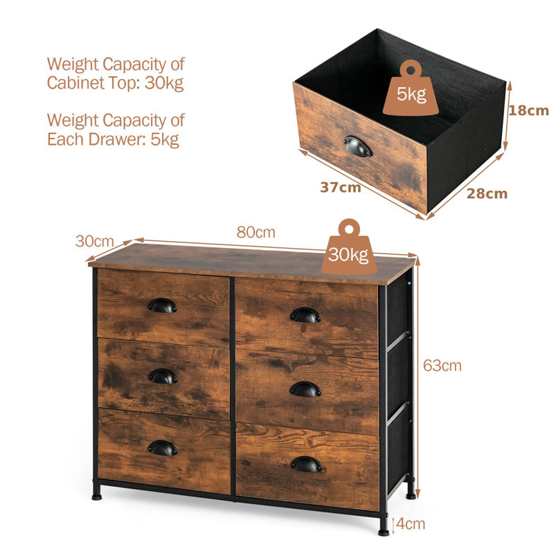 Adenn Steel 80cm W 6 - Drawer Chest of Drawers, Rustic Brown