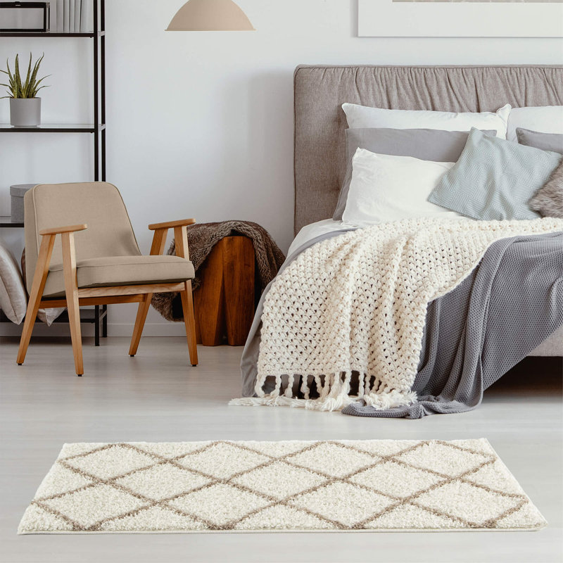 Myshaggy Collection Rugs Diamond Design in Ivory Beige, Rectangle 80 x 150cm