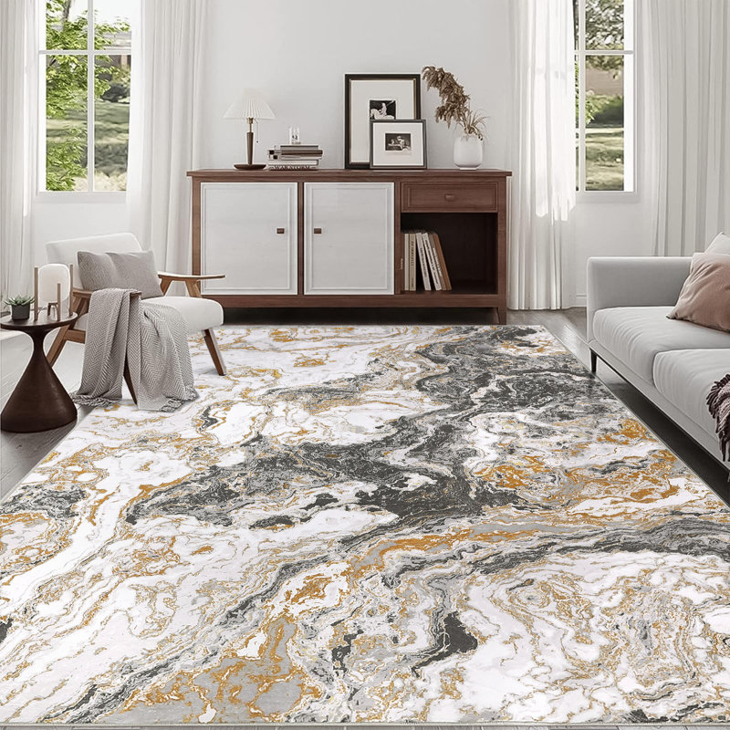 6'x9' Washable Abstract Marble Rug, Non-Slip Foldable Indoor Carpet for Bedroom Living Room Dorm, Gray, Rectangle 6' x 9'