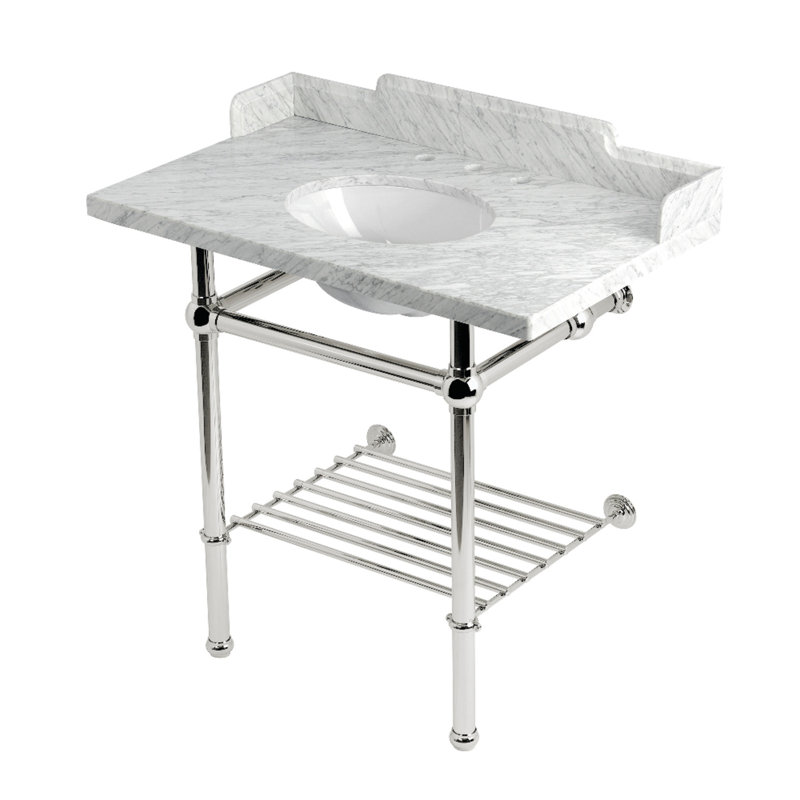 Kingston Brass Pemberton 36-Inch Carrara Marble Console Sink with Brass Legs and Shelf (8-Inch, 3-Hole)