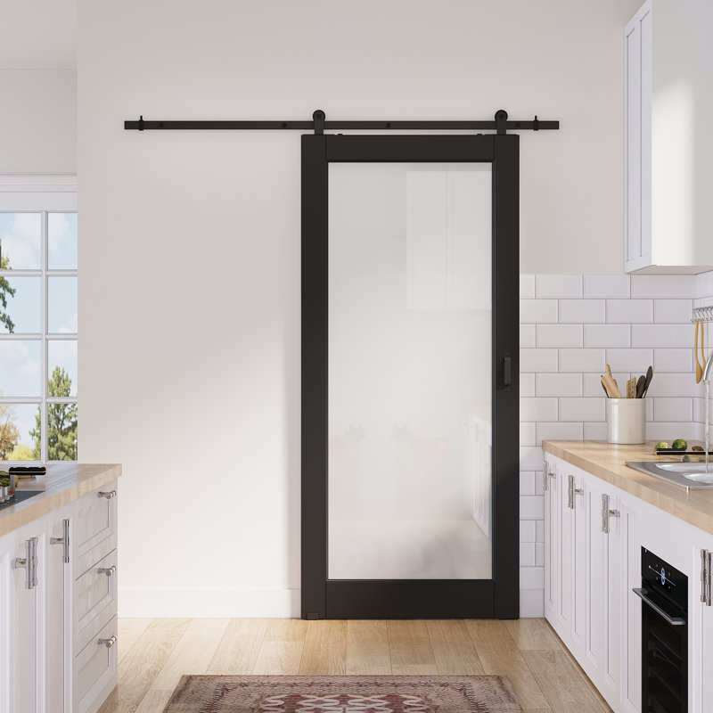 24in.x 80in.1 Lite Black Door Slab Prefinished Surface With All Barn Door Hardware Kit, 36in.x 80in.
