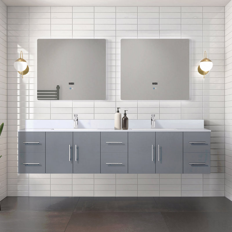 Meuble-lavabo double l 84 po x P 22 po avec comptoir en quartz blanc, Gris
