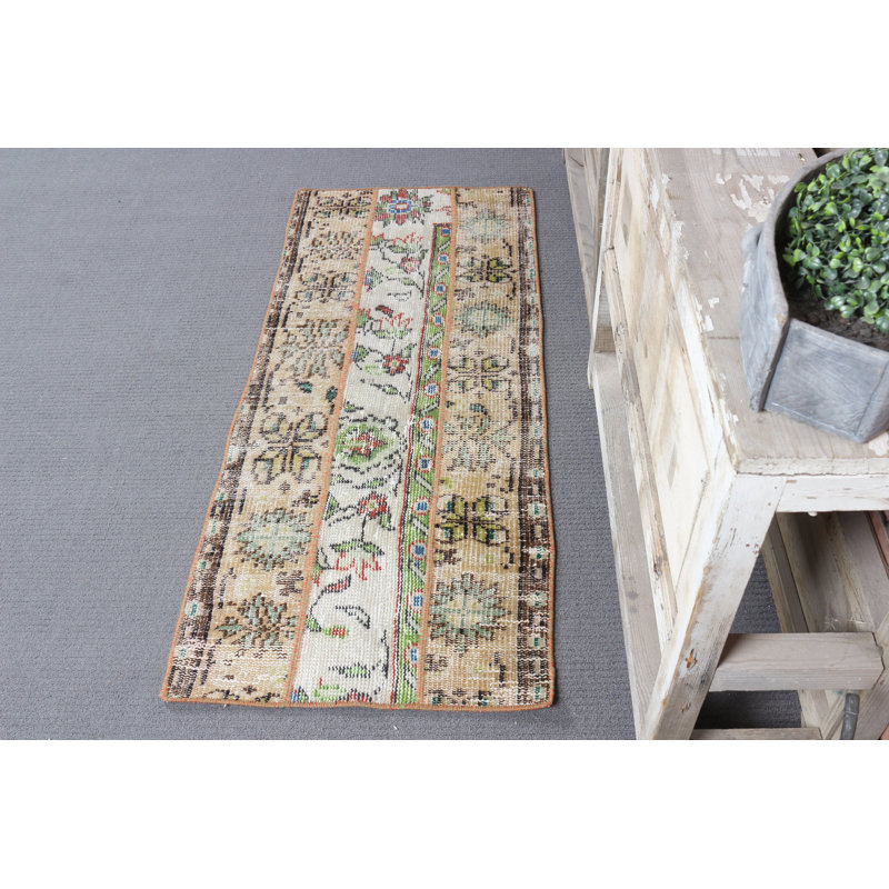 Handmade Turkish Vintage Patchwork Small Rug in Brown for Entryway Floor Home Decor with Organic Wool