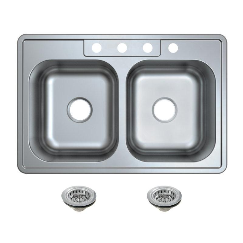 Kingston Brass Studio 33-Inch Stainless Steel Self-Rimming Double Bowl Drop-In Kitchen Sink With 4-Hole Drain And Strainer