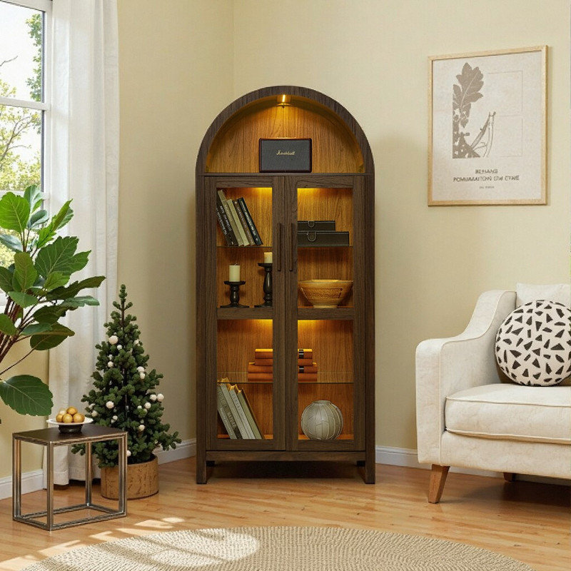 Armoire de rangement 67 po x l 30 po x P 15,5 po avec éclairage DEL et cloisons en verre réglables, Brun