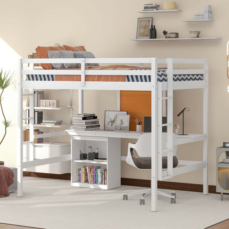 Structure de lit mezzanine en bois avec bureau et tableau d'écriture, lit mezzanine avec rangement, Lit simple, Blanc