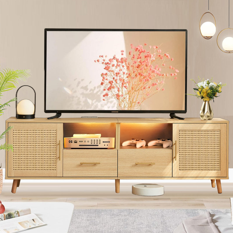 Natural Wood and Rattan TV Stand with LED Lights