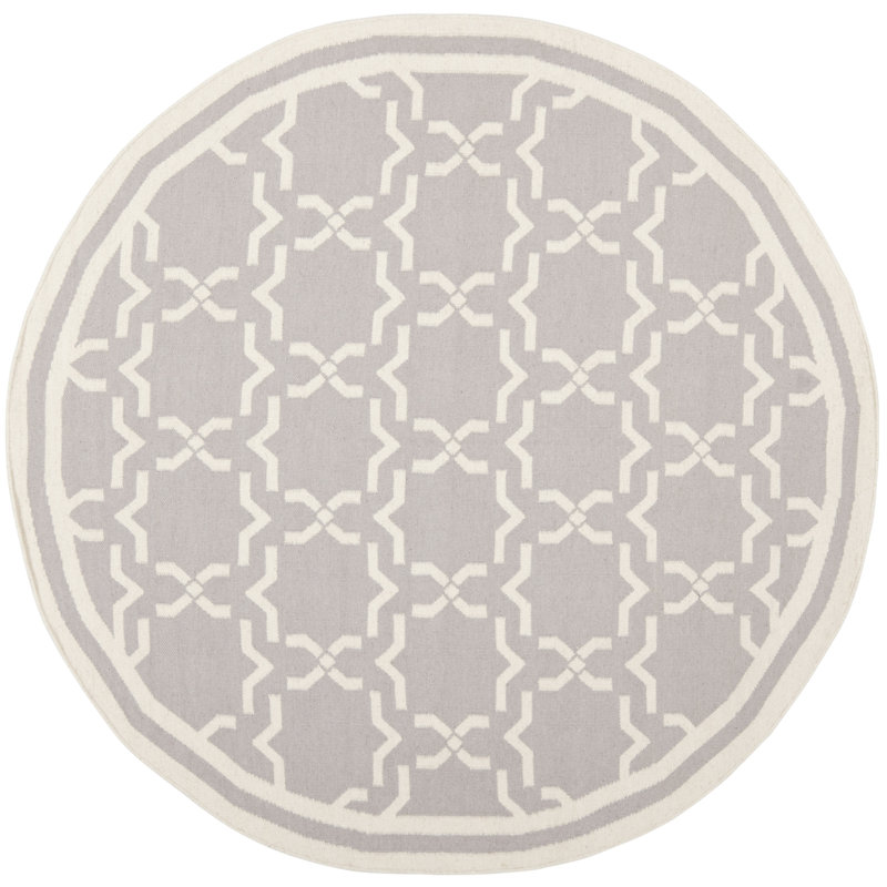 Rodgers Hand Woven Flat Weave Wool/Cotton Geometric Rug in Gray/Ivory, Round 8'