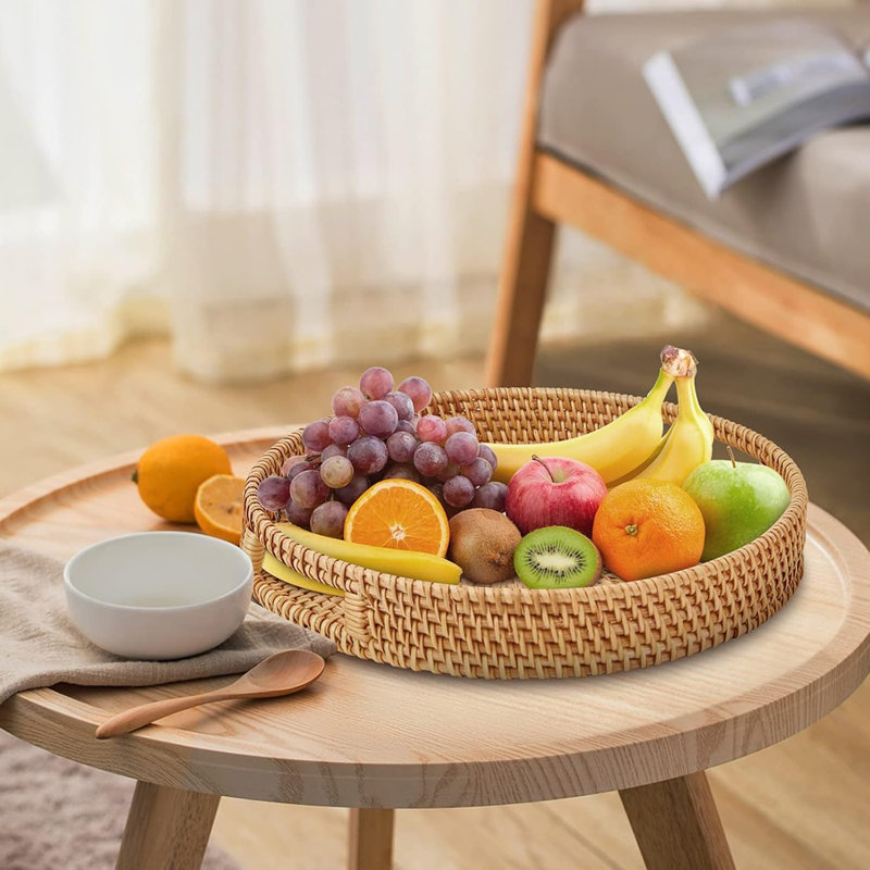 Round Rattan Serving Tray Set With Handles, Hand-Woven Decorative Trays For Breakfast, Tea, Snacks, And Home Organization, 2