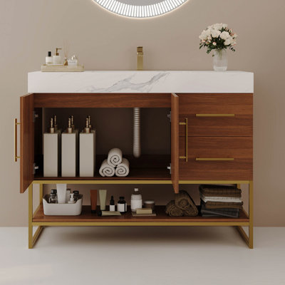 36" Modern Free-Standing Bathroom Vanity with Seamless Ceramic Sink & Sintered Stone Top