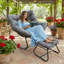 Chaise berçante avec repose-pieds, repose-pieds et coussins en osier gris foncé-129339059
