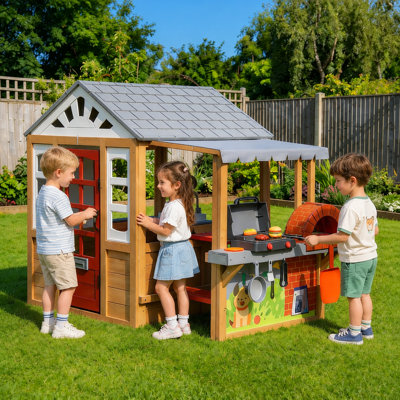 Kids Wooden Playhouse with 17-Piece Kitchen Set, Outdoor BBQ Grill, Pizza Oven, Bench, Doorbell & Accessories