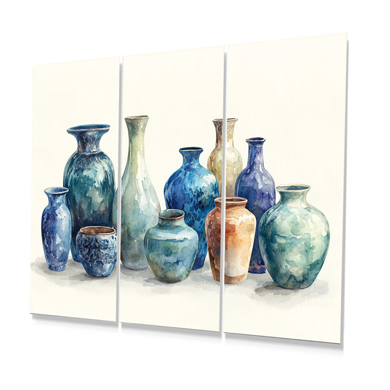 Ensemble de décorations murales vases bleus dans un motif II - Boho Pottery, Métal métal, H 28 po x l 36 po x P 1 po