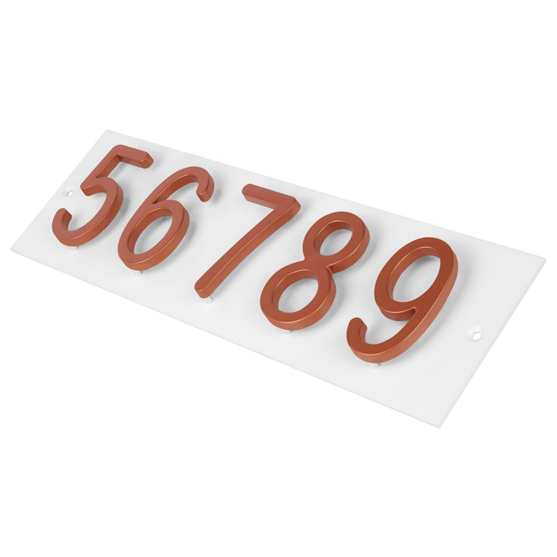 Plaque d'adresse horizontale flottante en aluminium Royal Shade - 5 chiffres personnalisés, Cuivre, Oui, Blanc