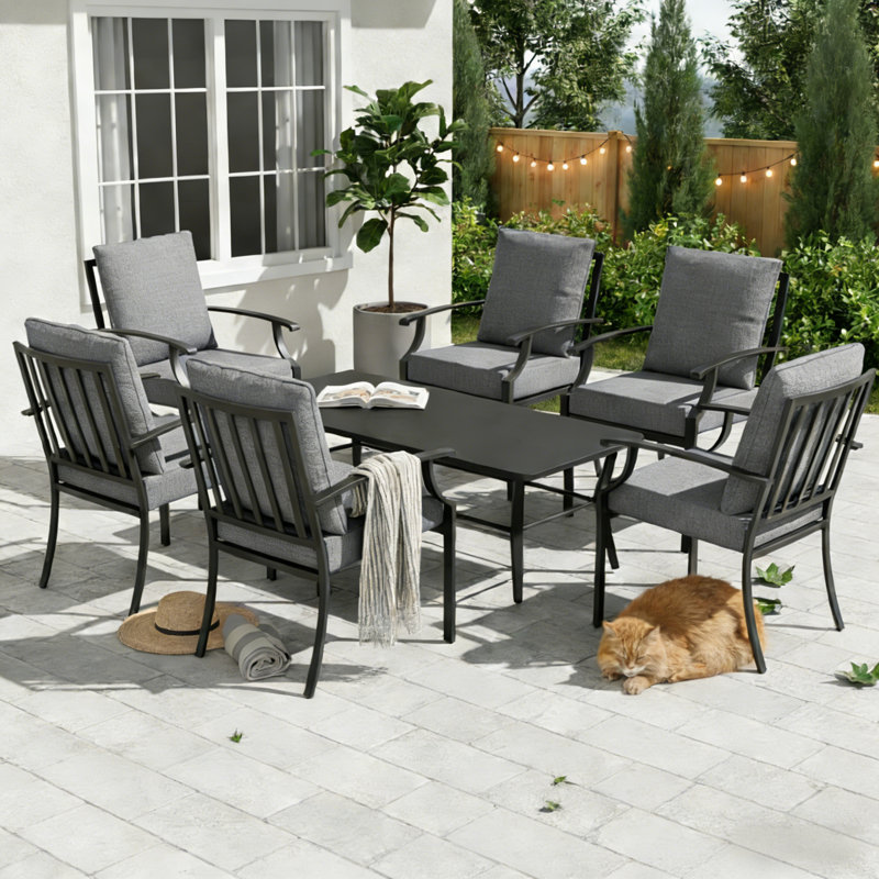 Premium All-Weather Metal 7-Piece Patio Dining Set With Cushions – Rust-Resistant Chairs & Rectangular Table, Gray