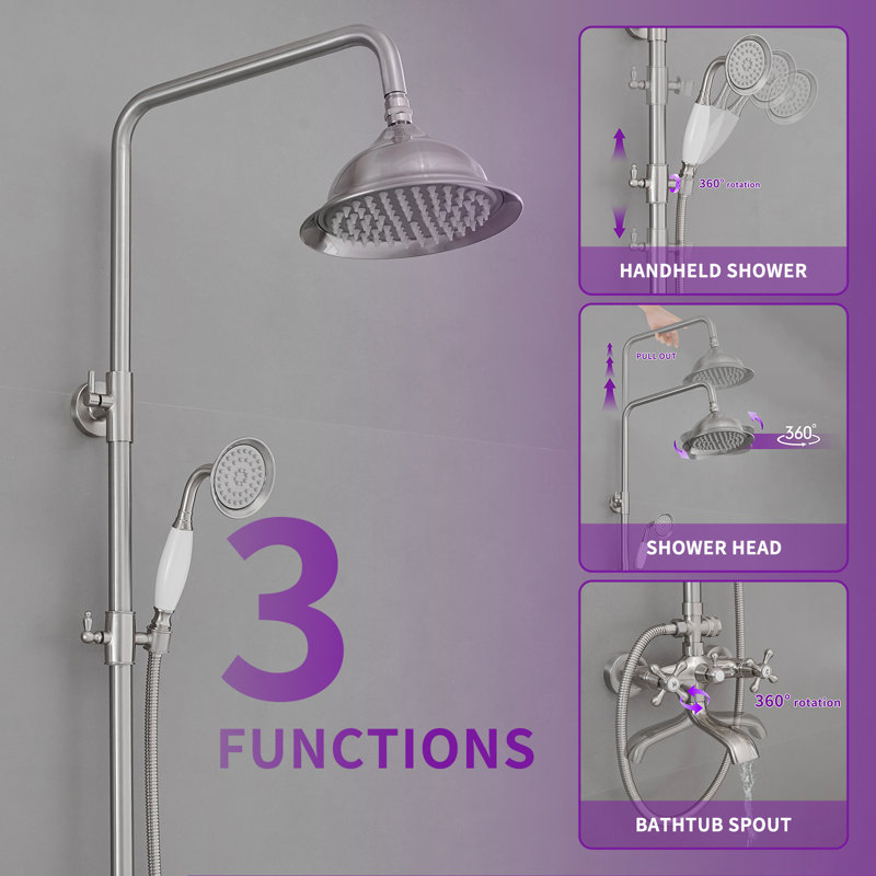 3-Spray Wall Bar Shower Kit 8 in. Round Rain Shower Head with Tub Spout Hand Shower 2 Cross Knobs in Brushed Nickel