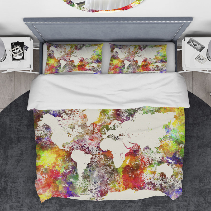 Ensemble de housse de couette Designart World Map in Great Colors, Housse de couette très grand + 2 taies décoratives