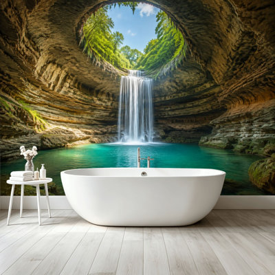 Peel and Stick Wallpaper Wall Mural Scenic Waterfall Natural Rock Cave Turquoise Pool Greenery Wall Art Self Adhesive and Removable
