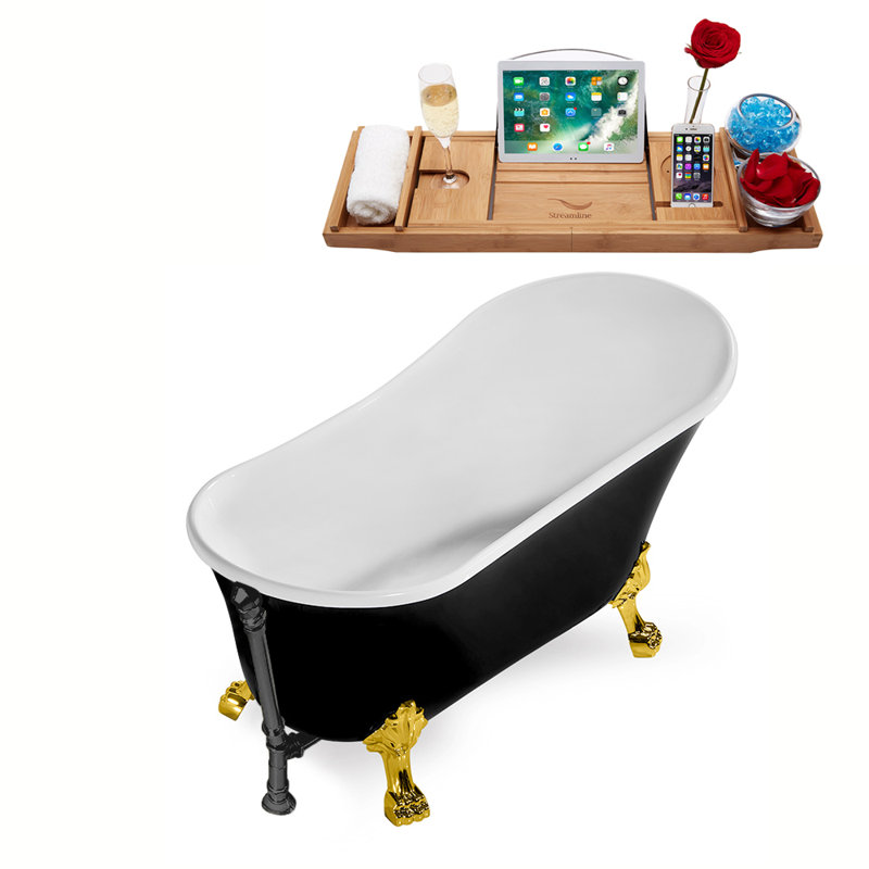 67" Streamline Clawfoot Soaking Acrylic Bathtub With Drain, Clawfeet, and Bamboo Tray, Polished Gold, Brushed Gun Metal
