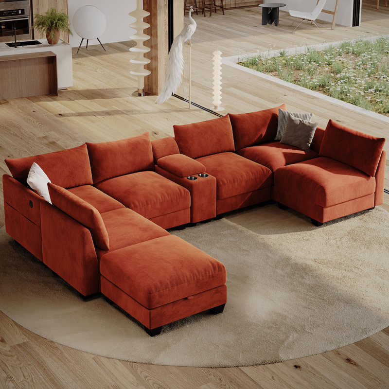 Amold 136 '' Modern U-shaped Sectional Sofa, Living Room Modular Cloud Couch With Ottoman And Console, Orange 