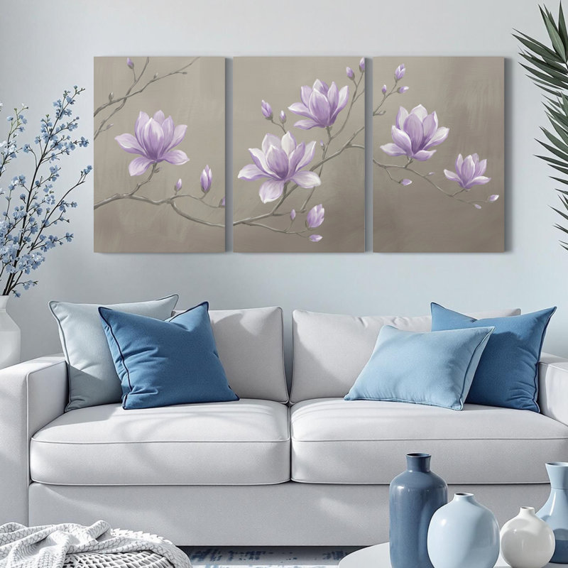 Mauve fleur de magnolia sur toile tendue, ensemble de 3 reproductions de peintures à l'huile pour salon, H 24 po x l 48 po