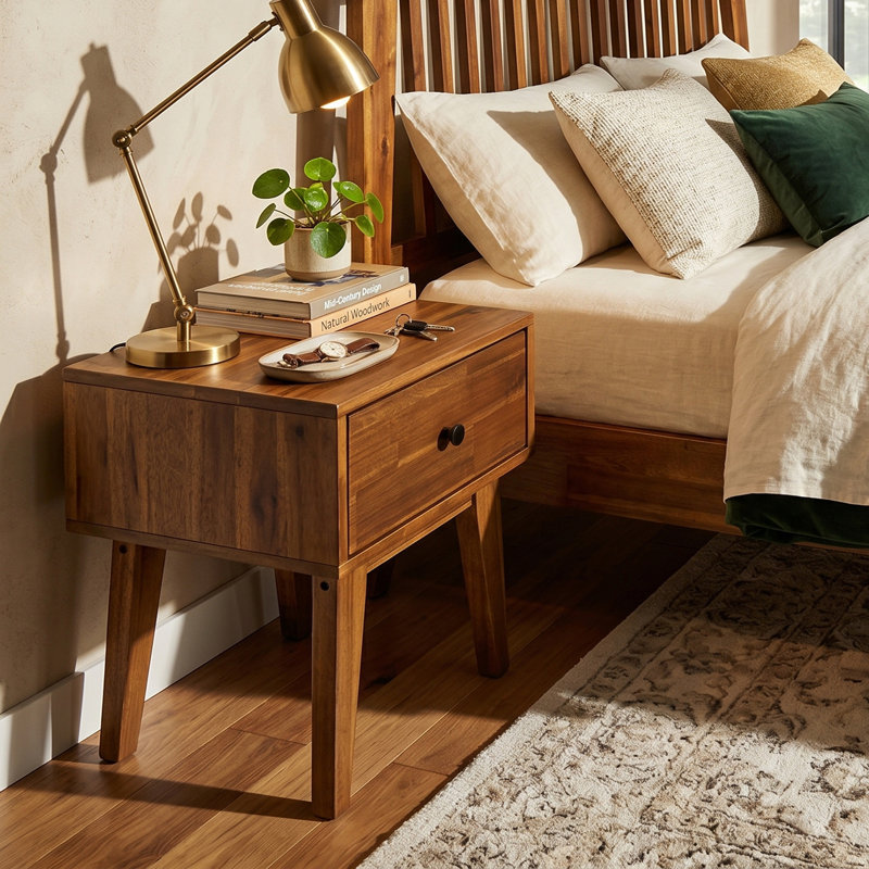 Acacia Sofia Solid Wood Nightstand with Storage Drawer, Walnut